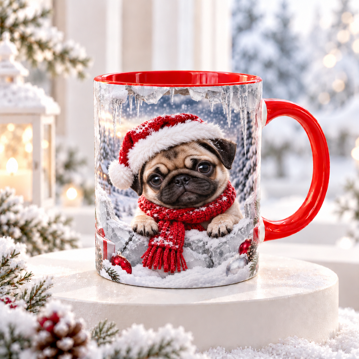 Vánoční hrnek „Mops ve sněhu“ – 330 ml
